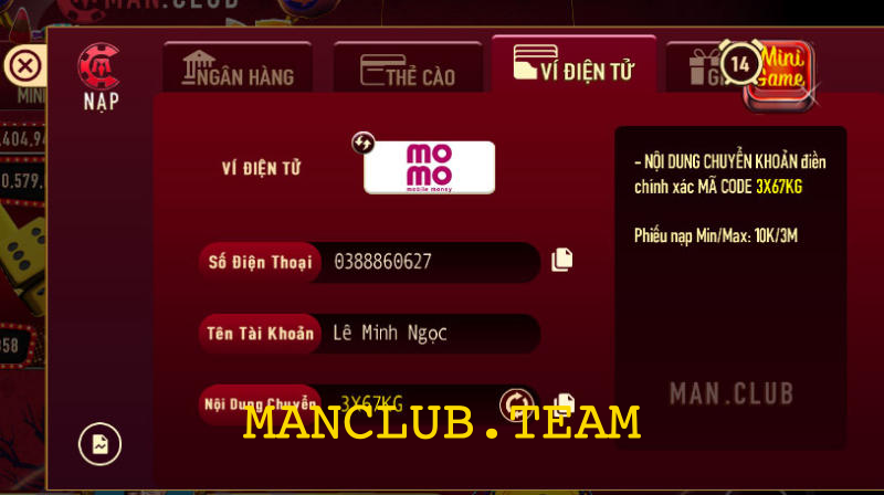 Nạp tiền Man Club thông qua ví điện tử